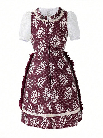 Young Girl Summer Polka Dot Print Splice Lace Waist Bow Decor Elegant Dress