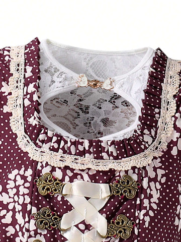 Young Girl Summer Polka Dot Print Splice Lace Waist Bow Decor Elegant Dress