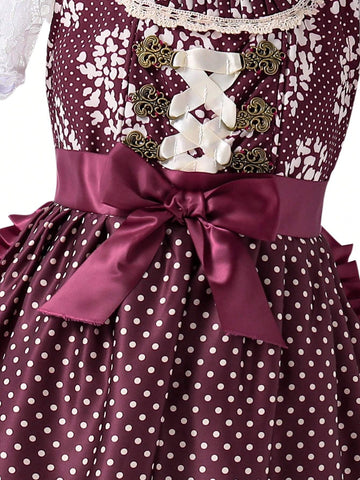 Young Girl Summer Polka Dot Print Splice Lace Waist Bow Decor Elegant Dress