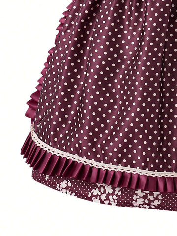 Young Girl Summer Polka Dot Print Splice Lace Waist Bow Decor Elegant Dress