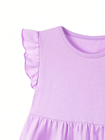 Young Girl Summer Purple Round Neck Flare Sleeve Layered Patchwork Casual Soft Comfortable Breathable Solid Color Dress
