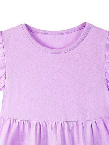Young Girl Summer Purple Round Neck Flare Sleeve Layered Patchwork Casual Soft Comfortable Breathable Solid Color Dress