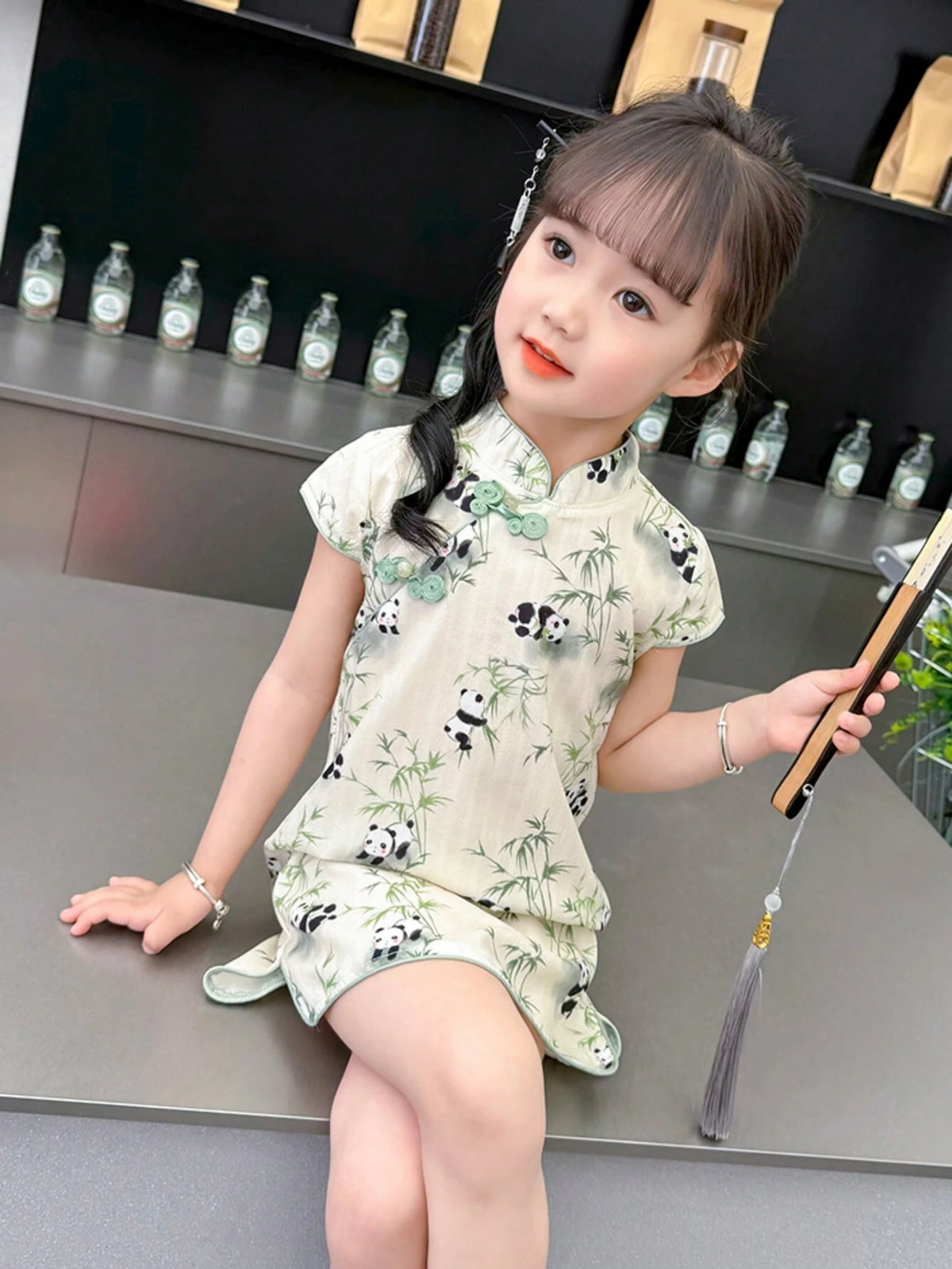 Young Girl Summer Qipao Dress With Buckle Decoration And Panda/Plant Print Short Sleeve