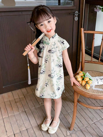 Young Girl Summer Qipao Dress With Buckle Decoration And Panda/Plant Print Short Sleeve
