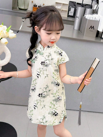 Young Girl Summer Qipao Dress With Buckle Decoration And Panda/Plant Print Short Sleeve