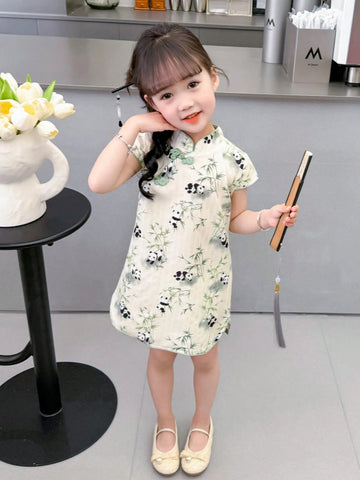 Young Girl Summer Qipao Dress With Buckle Decoration And Panda/Plant Print Short Sleeve