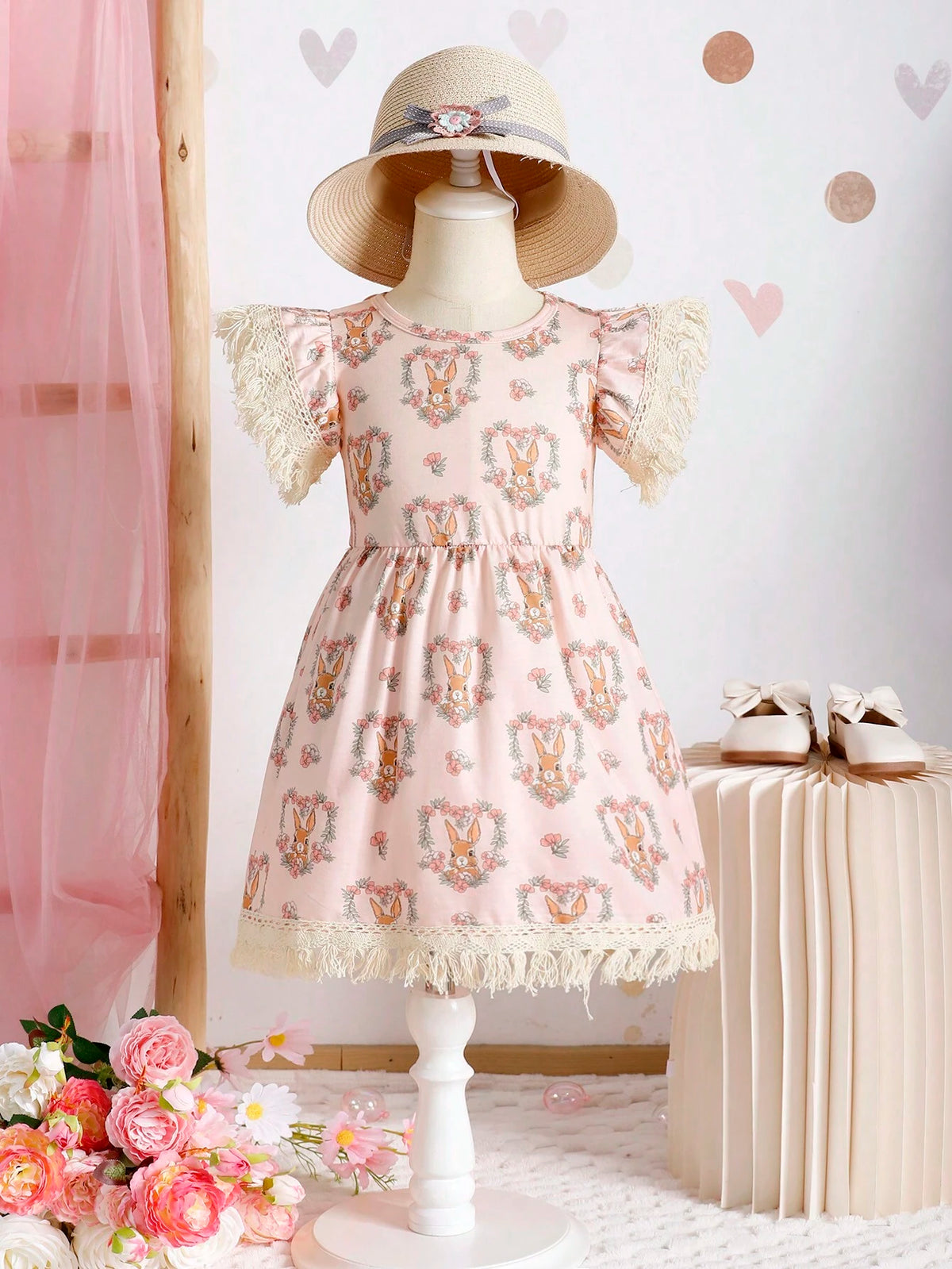 Young Girl Summer Rabbit Allover Print Ruffle Short Sleeve Cute Dress