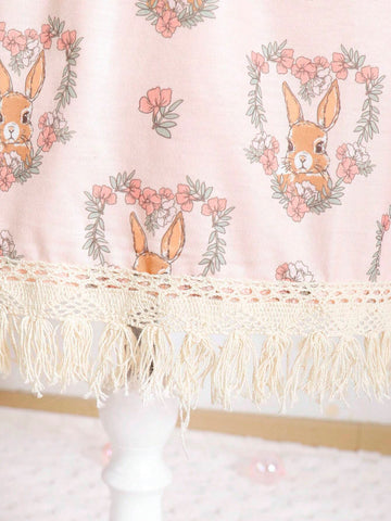 Young Girl Summer Rabbit Allover Print Ruffle Short Sleeve Cute Dress