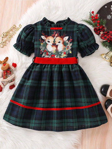 Young Girl Summer Ruffled Collar Deer Print Short Puff Sleeve Cute Plaid Dress