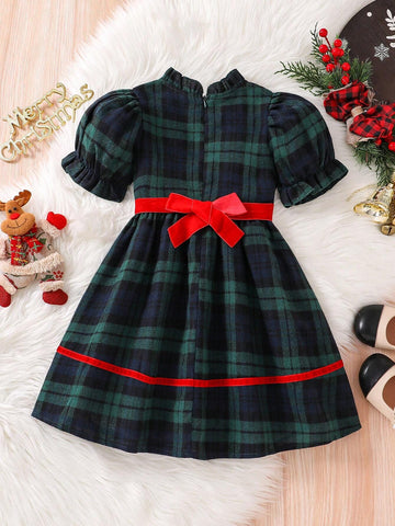 Young Girl Summer Ruffled Collar Deer Print Short Puff Sleeve Cute Plaid Dress
