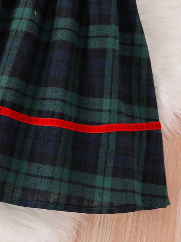 Young Girl Summer Ruffled Collar Deer Print Short Puff Sleeve Cute Plaid Dress