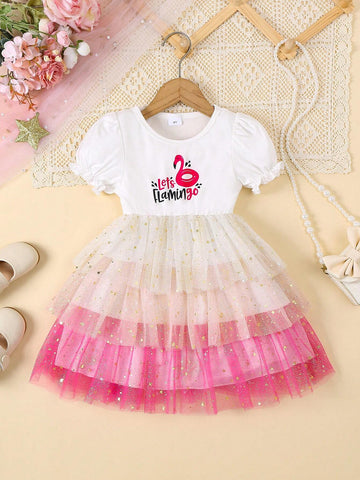 Young Girl Summer Short Sleeve Bubble Sleeve Pink Layered Cake Tulle Dress With Letter Print