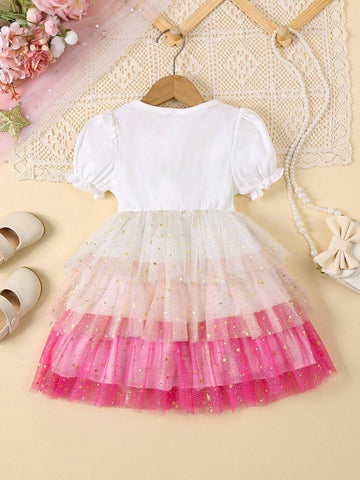 Young Girl Summer Short Sleeve Bubble Sleeve Pink Layered Cake Tulle Dress With Letter Print