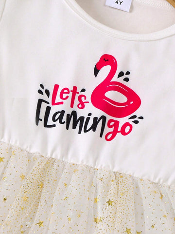 Young Girl Summer Short Sleeve Bubble Sleeve Pink Layered Cake Tulle Dress With Letter Print