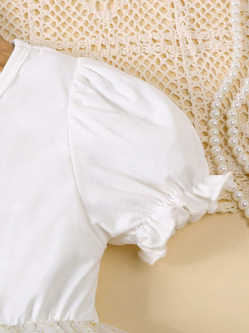 Young Girl Summer Short Sleeve Bubble Sleeve Pink Layered Cake Tulle Dress With Letter Print