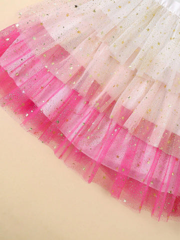 Young Girl Summer Short Sleeve Bubble Sleeve Pink Layered Cake Tulle Dress With Letter Print