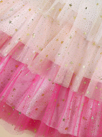 Young Girl Summer Short Sleeve Bubble Sleeve Pink Layered Cake Tulle Dress With Letter Print