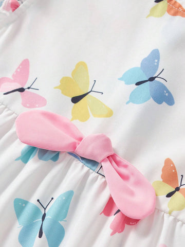 Young Girl Summer Short Sleeve Dress With Bow Decoration And Pintucks, Soft And Comfortable Fabric, Cool, Rural, Minimalist,, Blending Into Nature, Blending Into Nature Vacation, And Play