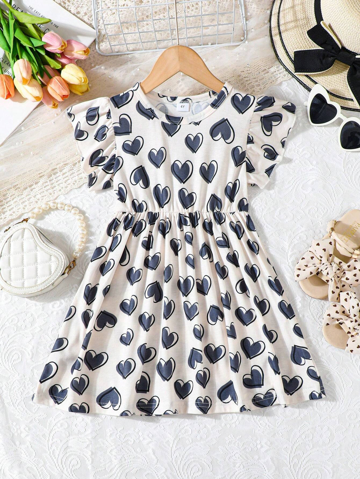 Young Girl Summer Short Sleeve Knitted Heart Shaped Print Ruffle Trimmed Decorated Casual Dress