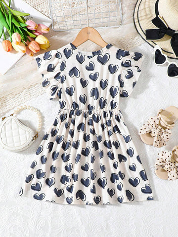 Young Girl Summer Short Sleeve Knitted Heart Shaped Print Ruffle Trimmed Decorated Casual Dress