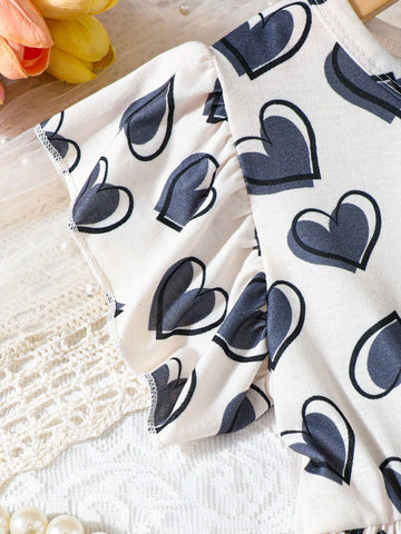 Young Girl Summer Short Sleeve Knitted Heart Shaped Print Ruffle Trimmed Decorated Casual Dress