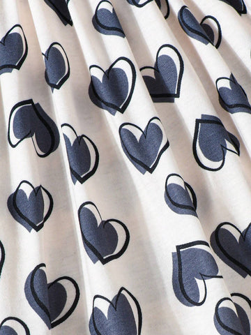 Young Girl Summer Short Sleeve Knitted Heart Shaped Print Ruffle Trimmed Decorated Casual Dress