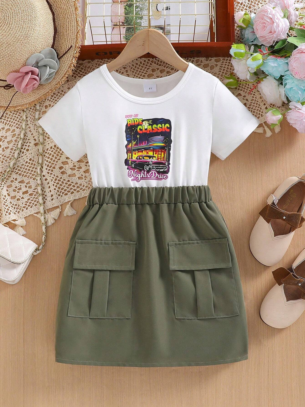 Young Girl Summer Short Sleeve Round Neck Letter Printed Patchwork Green Cargo Dress
