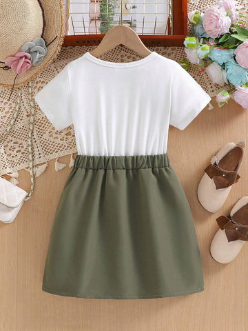 Young Girl Summer Short Sleeve Round Neck Letter Printed Patchwork Green Cargo Dress
