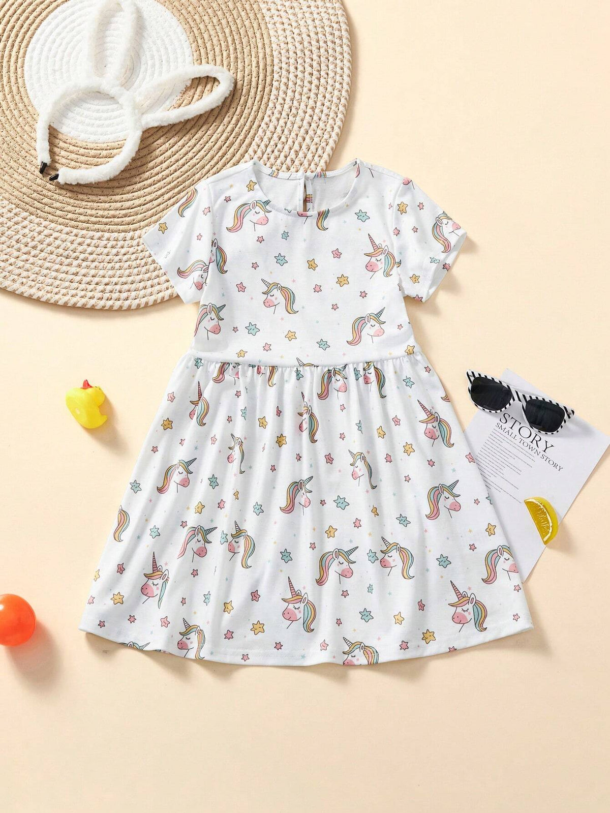 Young Girl Summer Short Sleeve Unicorn Printed Dress, Soft, Comfortable, Cool, Breathable Fabric, Stylish, Suitable For Parties, Casual Vacations, Weekend Travel