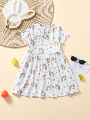 Young Girl Summer Short Sleeve Unicorn Printed Dress, Soft, Comfortable, Cool, Breathable Fabric, Stylish, Suitable For Parties, Casual Vacations, Weekend Travel