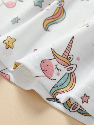 Young Girl Summer Short Sleeve Unicorn Printed Dress, Soft, Comfortable, Cool, Breathable Fabric, Stylish, Suitable For Parties, Casual Vacations, Weekend Travel