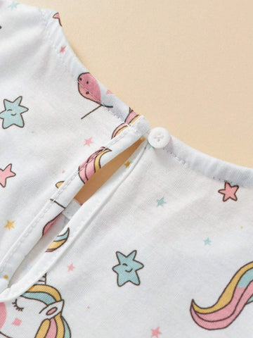 Young Girl Summer Short Sleeve Unicorn Printed Dress, Soft, Comfortable, Cool, Breathable Fabric, Stylish, Suitable For Parties, Casual Vacations, Weekend Travel