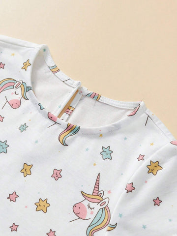 Young Girl Summer Short Sleeve Unicorn Printed Dress, Soft, Comfortable, Cool, Breathable Fabric, Stylish, Suitable For Parties, Casual Vacations, Weekend Travel