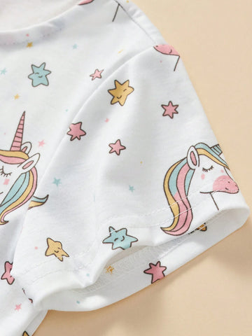 Young Girl Summer Short Sleeve Unicorn Printed Dress, Soft, Comfortable, Cool, Breathable Fabric, Stylish, Suitable For Parties, Casual Vacations, Weekend Travel