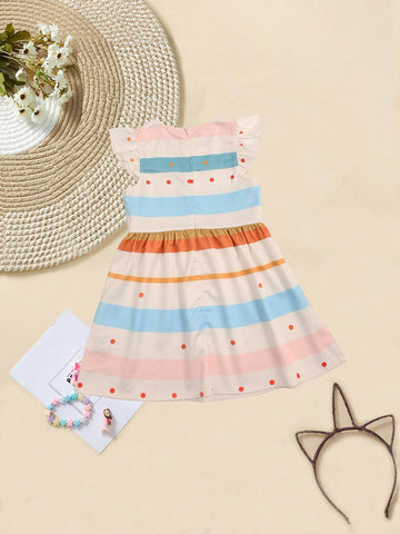 Young Girl Summer Sleeveless Dress, Striped Color Blocking Design, Ruffle Trims, Soft And Comfortable Fabric, Cute And Elegant, Princess Style, Suitable For Daily Wear And Parties
