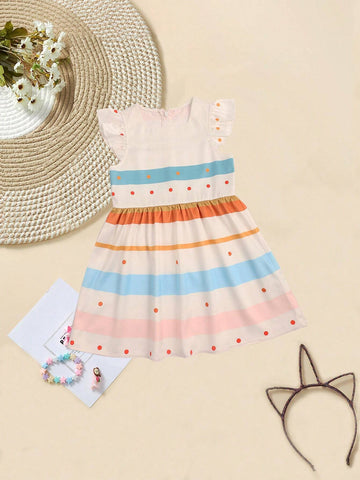 Young Girl Summer Sleeveless Dress, Striped Color Blocking Design, Ruffle Trims, Soft And Comfortable Fabric, Cute And Elegant, Princess Style, Suitable For Daily Wear And Parties