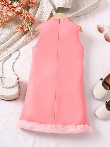 Young Girl Summer Sleeveless Dress With Cartoon Character & Letter Print, Stand Collar Casual Vest Dress