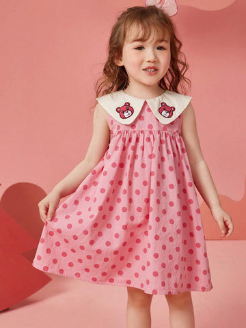Young Girl Summer Sleeveless Princess Dress With Embroidered Bear & Polka Dots & Floral Pattern