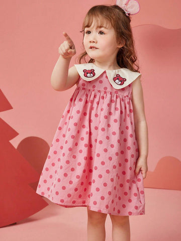 Young Girl Summer Sleeveless Princess Dress With Embroidered Bear & Polka Dots & Floral Pattern
