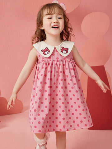 Young Girl Summer Sleeveless Princess Dress With Embroidered Bear & Polka Dots & Floral Pattern