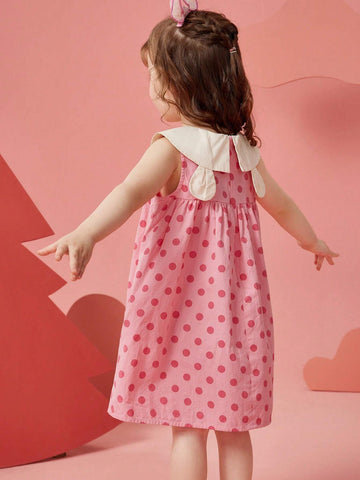 Young Girl Summer Sleeveless Princess Dress With Embroidered Bear & Polka Dots & Floral Pattern