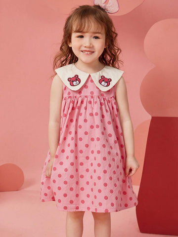 Young Girl Summer Sleeveless Princess Dress With Embroidered Bear & Polka Dots & Floral Pattern