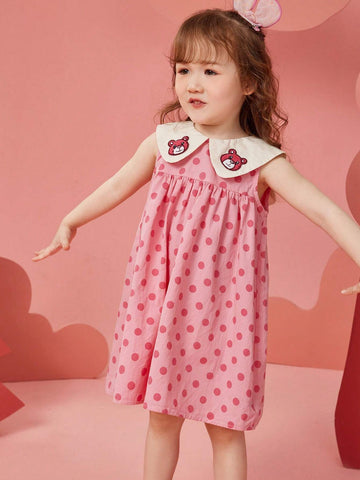 Young Girl Summer Sleeveless Princess Dress With Embroidered Bear & Polka Dots & Floral Pattern