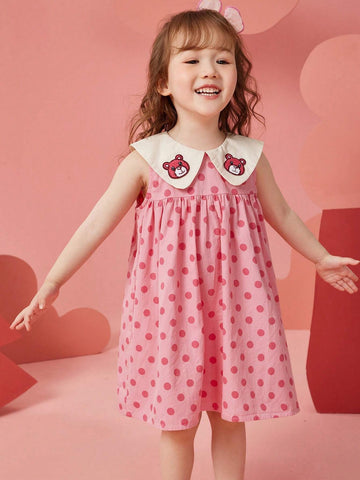 Young Girl Summer Sleeveless Princess Dress With Embroidered Bear & Polka Dots & Floral Pattern