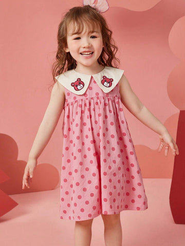 Young Girl Summer Sleeveless Princess Dress With Embroidered Bear & Polka Dots & Floral Pattern