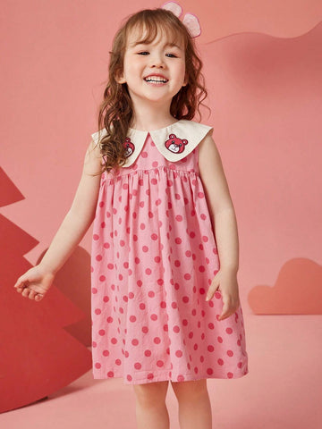 Young Girl Summer Sleeveless Princess Dress With Embroidered Bear & Polka Dots & Floral Pattern