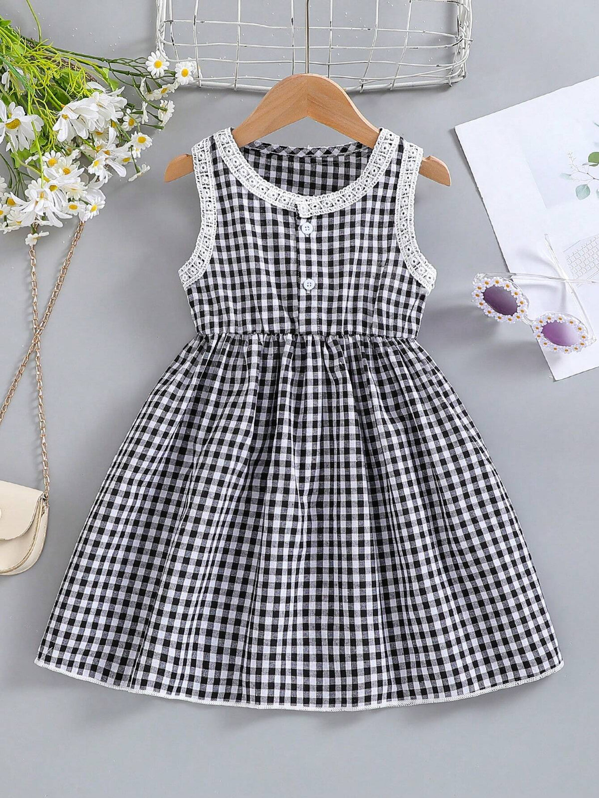 Young Girl Summer Sleeveless Round Neck A-Line Floral Lace Dress With Half-Open Placket