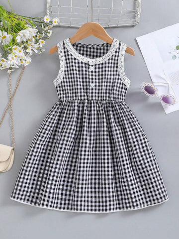 Young Girl Summer Sleeveless Round Neck A-Line Floral Lace Dress With Half-Open Placket
