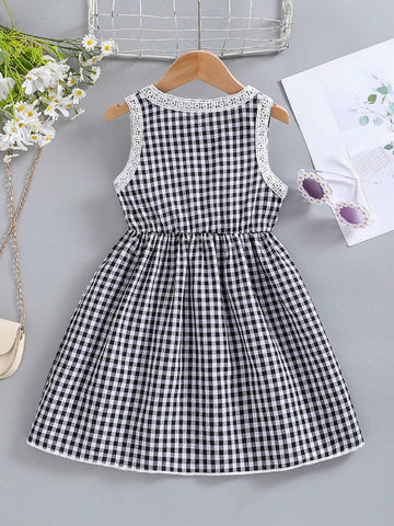 Young Girl Summer Sleeveless Round Neck A-Line Floral Lace Dress With Half-Open Placket
