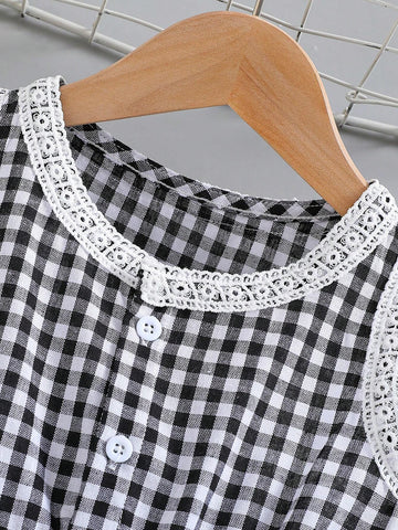 Young Girl Summer Sleeveless Round Neck A-Line Floral Lace Dress With Half-Open Placket